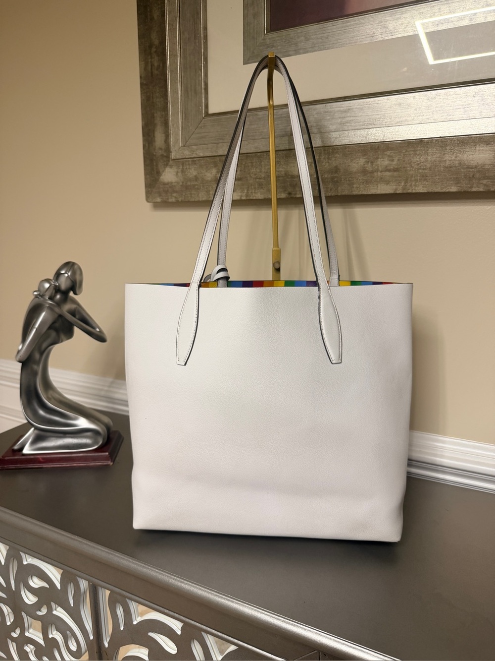 Kate Spade Reversible White Tote with Rainbow Tassel - Picture 3 of 7